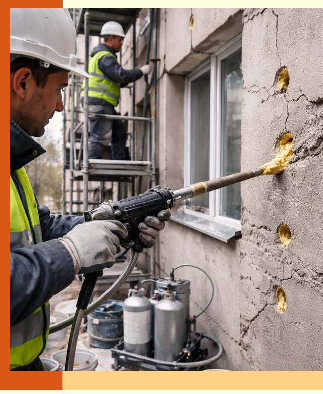 Заполнение пустот в фасаде и утепление стен в Кондопоге